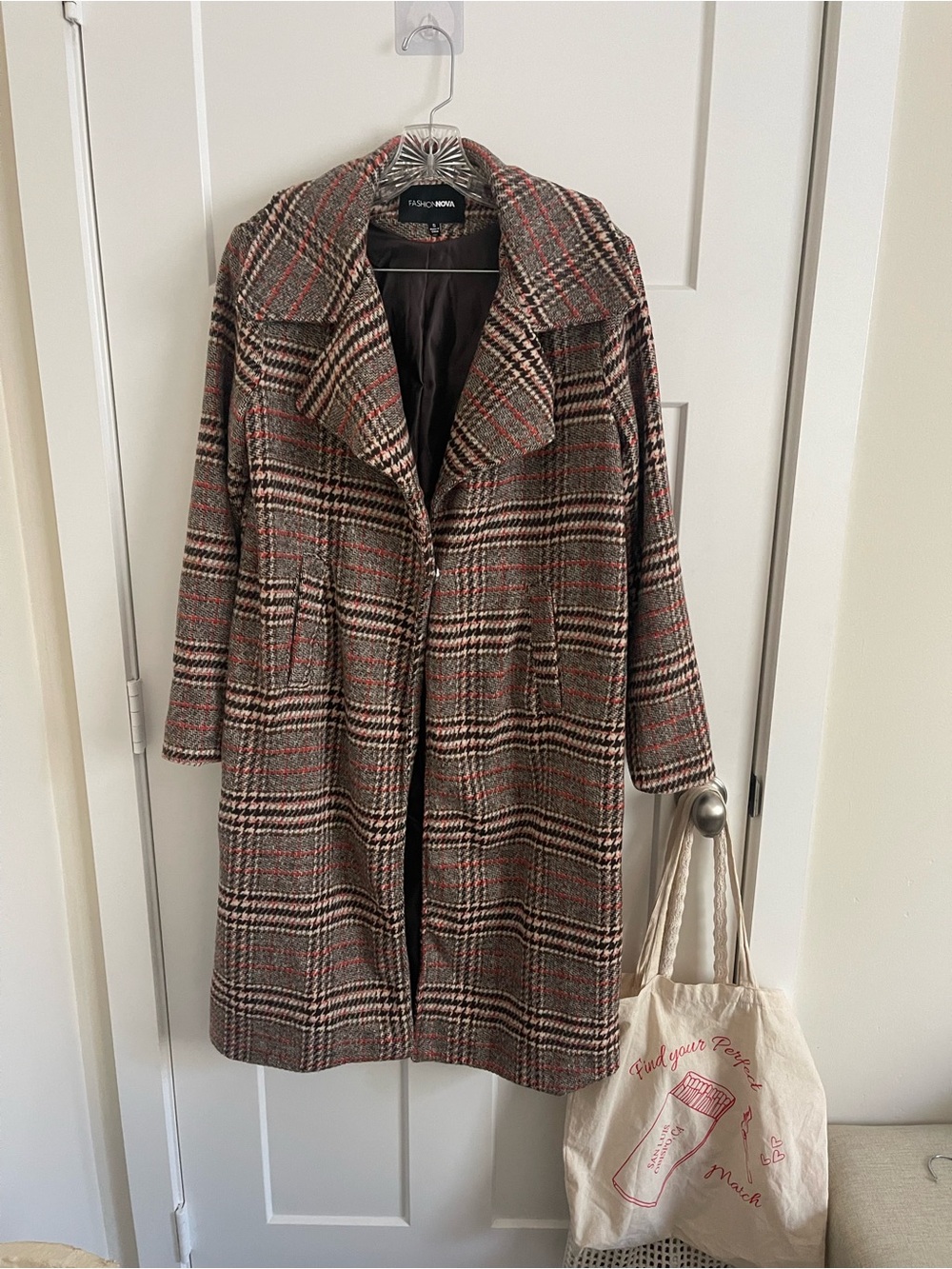 Fashion Nova Plaid Wool-Blend Trench Coat in Brown and Red
